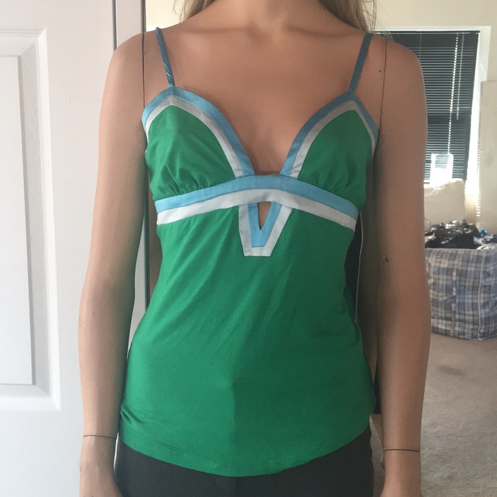 Pretty "Bebe" Green Tank With Blue/Gray Satin Trim